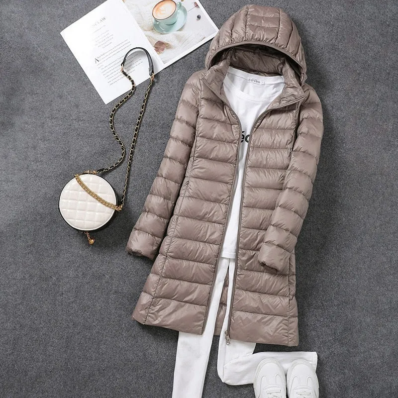 Women Down Jacket 2022 New Ultralight Thin Packable Down Long Jacket  Female Hat Detachable Slim Fit Skirt Coat Portable Outwear