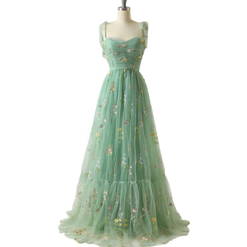 Women Tie Strap Tulle Prom Dresses Flower Embroidery Dress Long Formal Evening Dresses