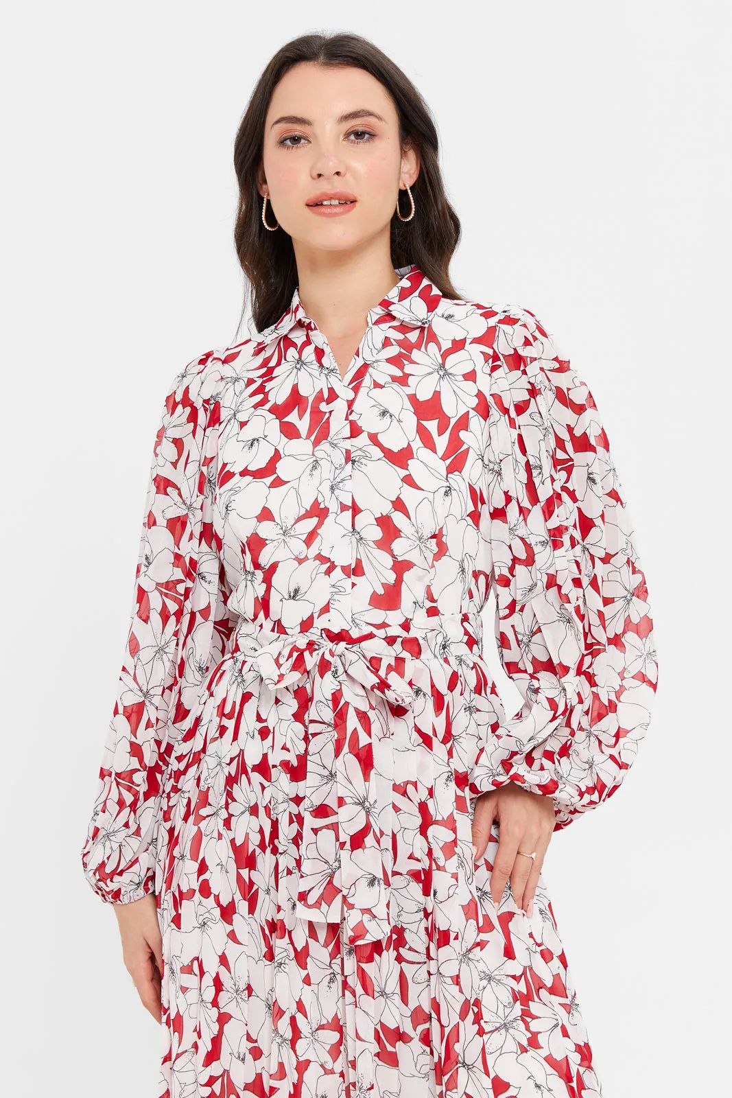 Women White And Red Printed Floral Dress