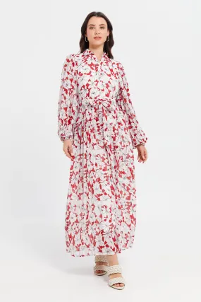 Women White And Red Printed Floral Dress