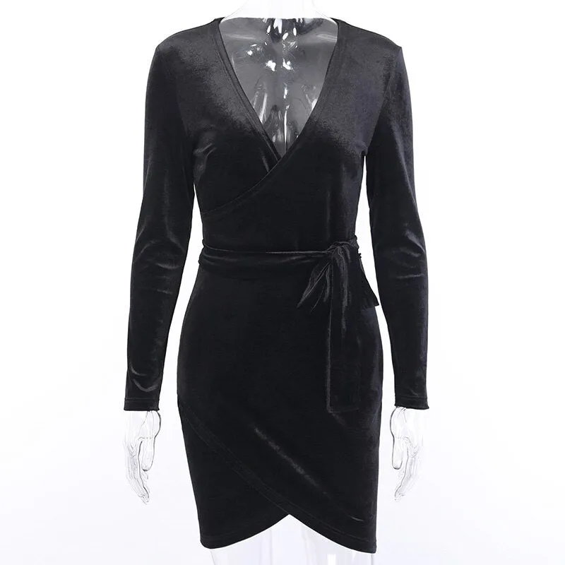 Women's Autumn V-Neck Bodycon Velvet Mini Dress With Belt