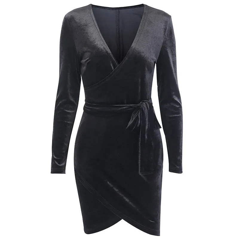 Women's Autumn V-Neck Bodycon Velvet Mini Dress With Belt