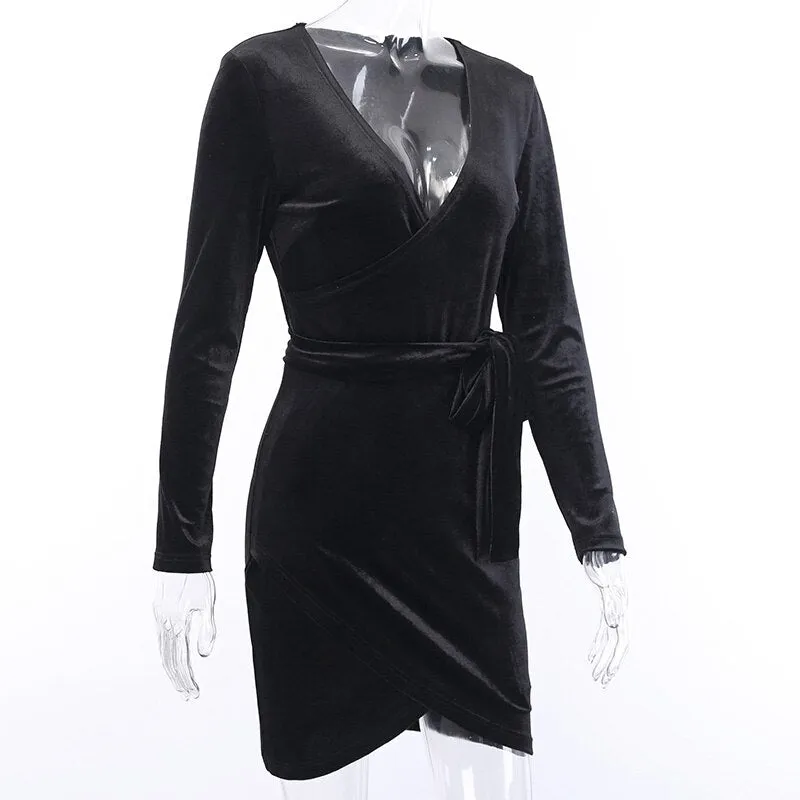 Women's Autumn V-Neck Bodycon Velvet Mini Dress With Belt