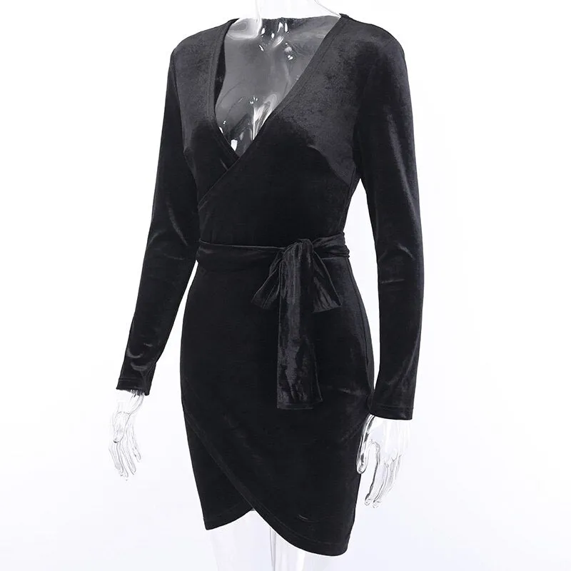 Women's Autumn V-Neck Bodycon Velvet Mini Dress With Belt