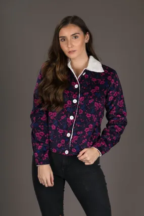 Womens Floral Print Wool Jacket Shearling Fur Lining