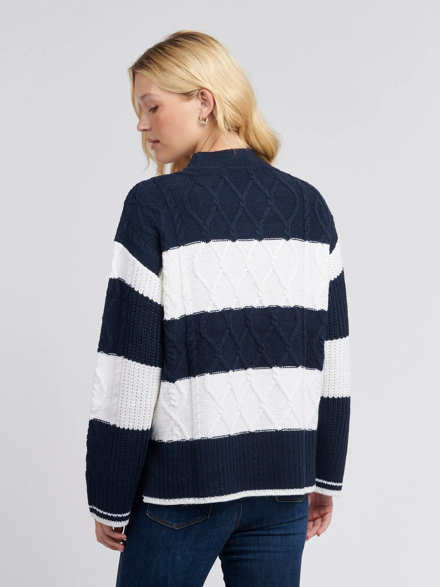 Womens Mixed Cable Stripe Jumper in Navy Iris