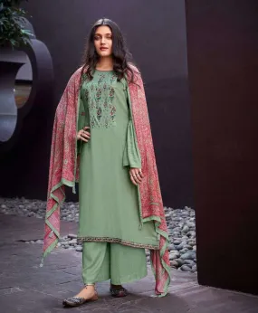 Woolen Pashmina Embroidered Green Unstitched Winter Suits Material