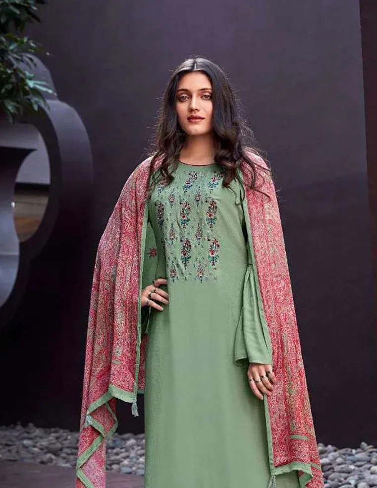 Woolen Pashmina Embroidered Green Unstitched Winter Suits Material