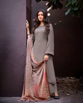 Woolen Pashmina Embroidered Unstitched Grey Winter Suits Material