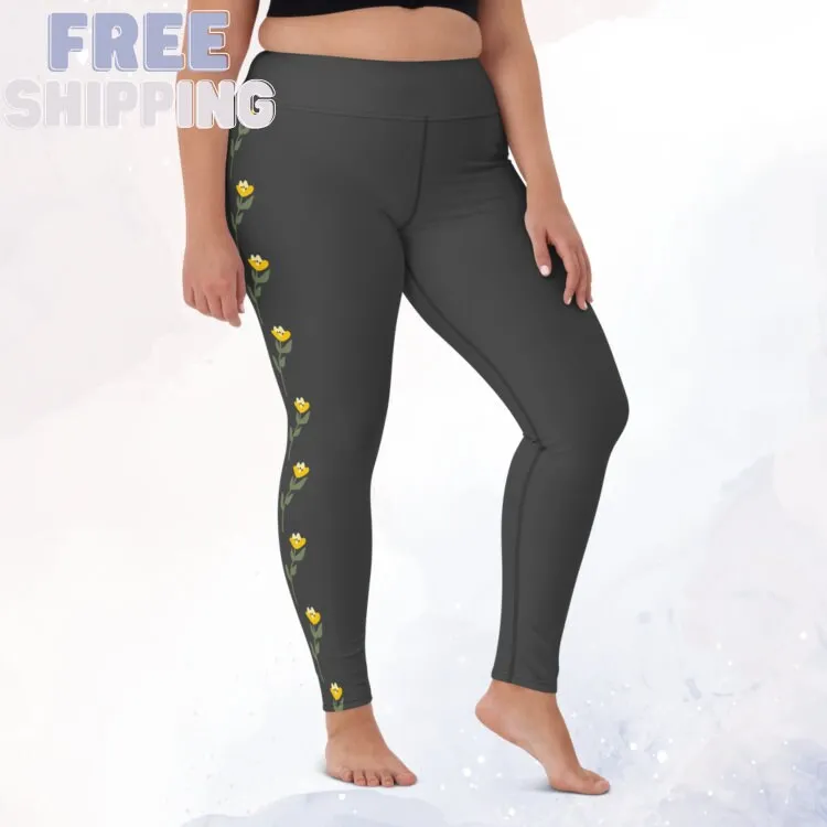 Yellow Flowers on Grey High Waist Leggings