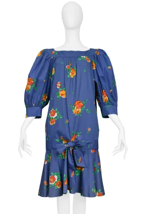 YVES SAINT LAURENT YSL BLUE FLORAL DROP DRESS